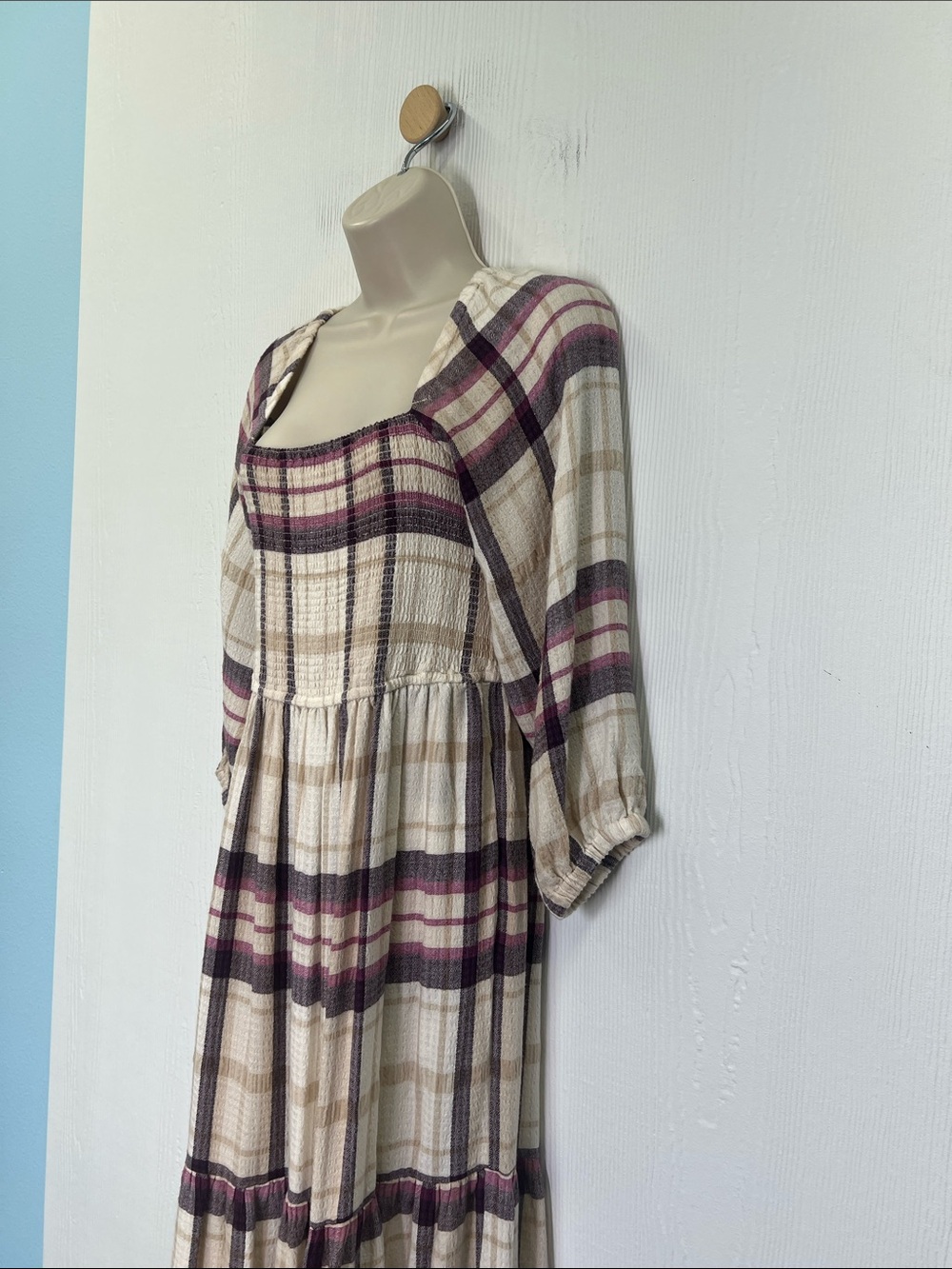 Marine Layer - Ivy Plaid Smocked Long Sleeve Square Neck Tiered Midi Dress Small - Picture 8 of 12